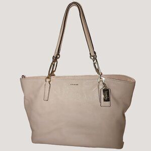 Coach Madison Leather North South Tote Pink Handles Gold Accents Beige Interior